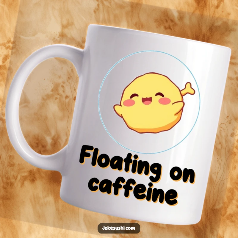 Funny Mug featuring a giggling tempura character joyfully floating on a whimsical bubble, a delightful food art piece.