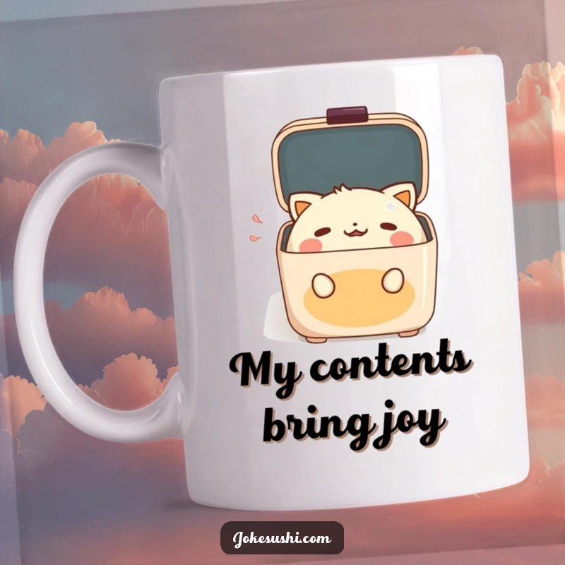 Funny Mug featuring an anthropomorphic bento box character gasping in delighted surprise as it opens its lid.