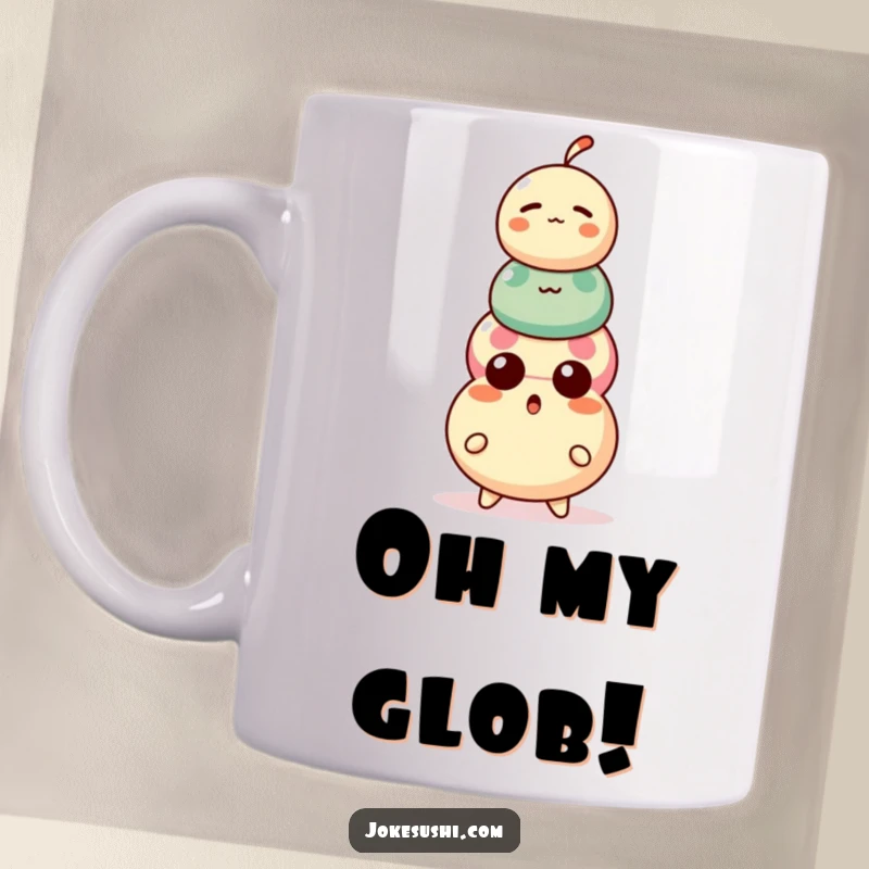 Funny Dango Mug: A surprised dango character looking shocked as three balls stack precariously, whimsical treat.