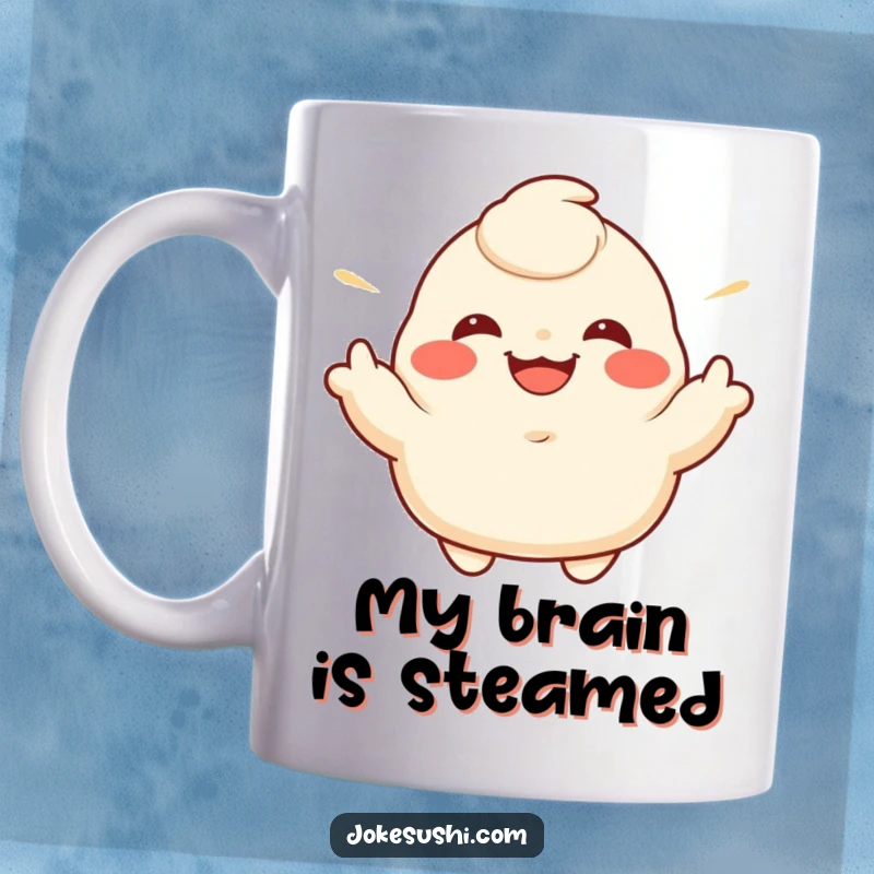 Funny mug featuring a grinning dumpling character enthusiastically gesturing its sides, perfect for a laugh.