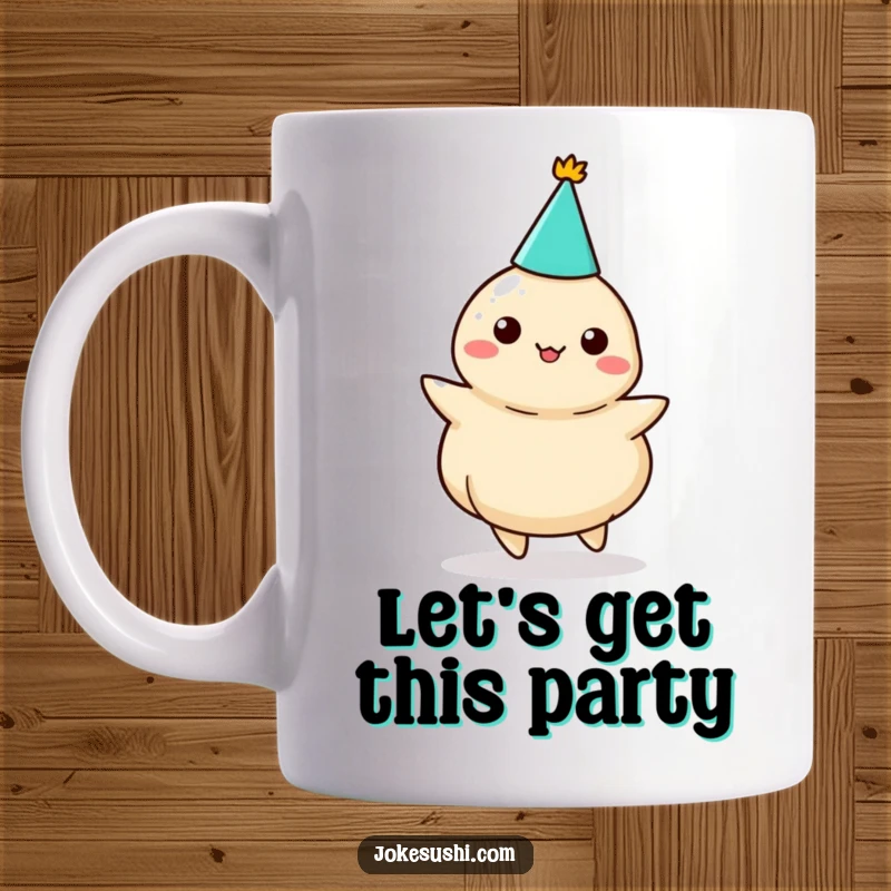 Funny dumpling mug, a cute character in a party hat, joyfully twirling with festive energy.