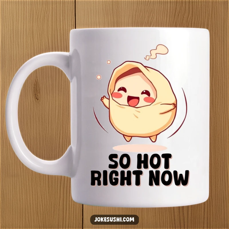Funny mug featuring a giggling gyoza character doing a speedy spin with steam rising, symbolizing delicious fun.