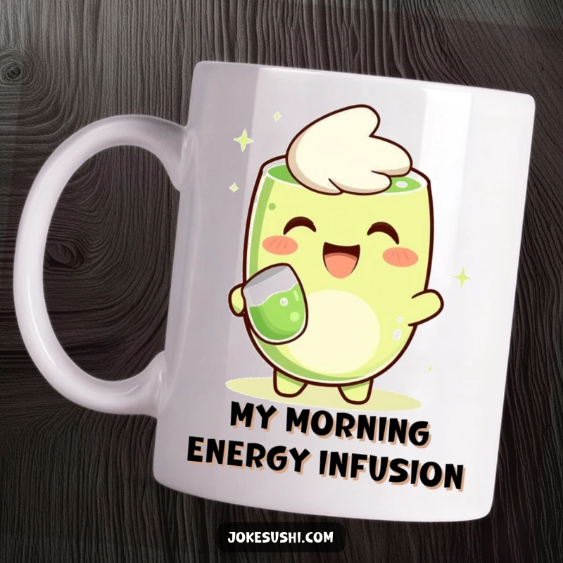 Funny mug with a happy matcha green tea character grinning widely while cheerfully pouring tea into a cup, a perfect gift.