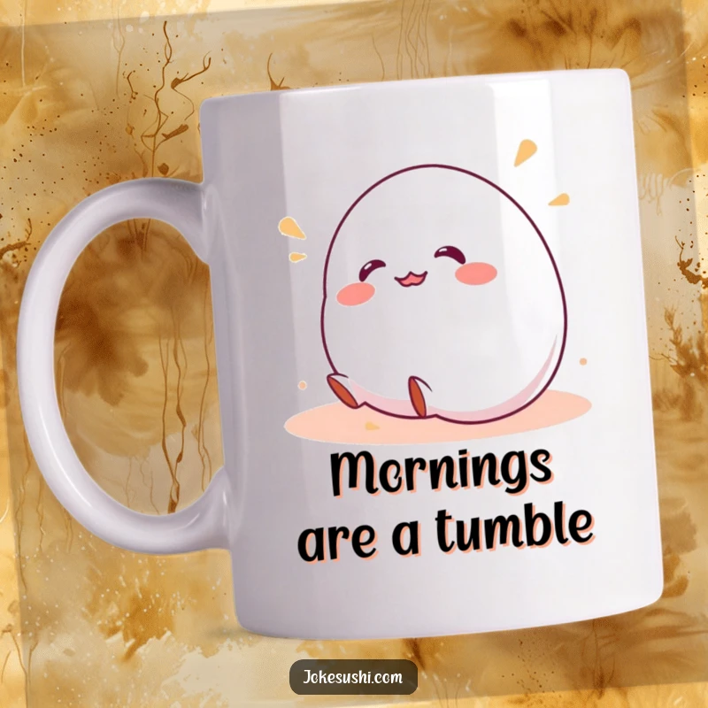 Funny mug showcasing a cute, wobbly mochi character gleefully rolling downhill, spreading infectious giggles and sweet dessert vibes.
