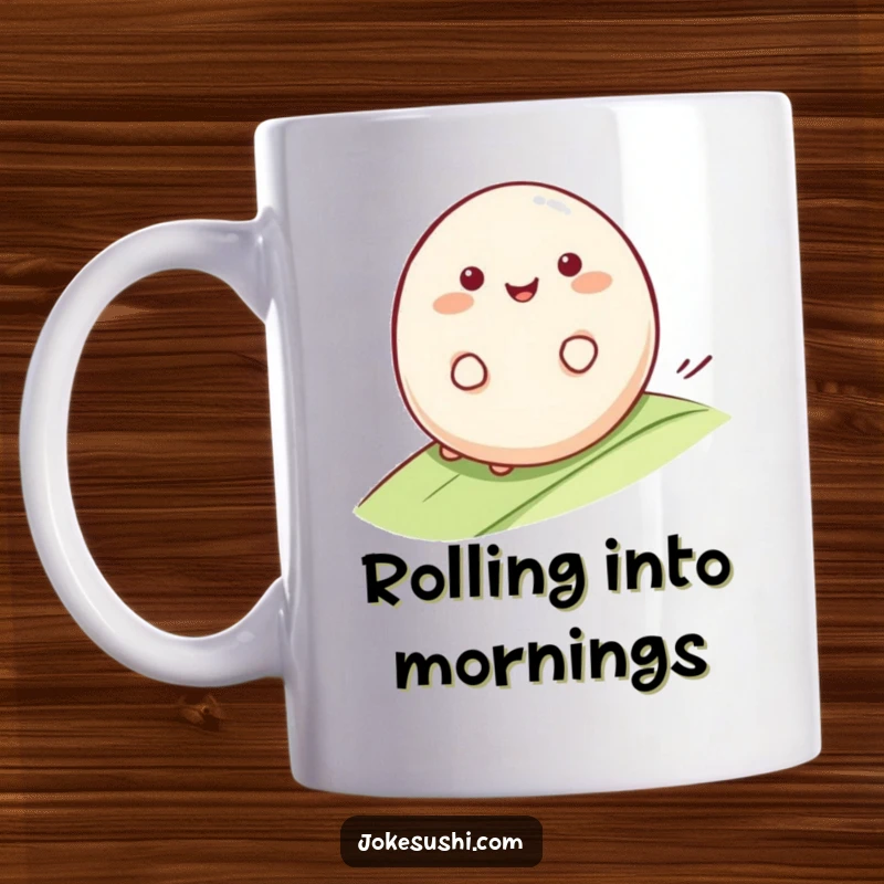 Funny Mochi Mug: Smiling mochi character rolling happily down a gentle slope, embodying smooth joy and making a great funny gift.