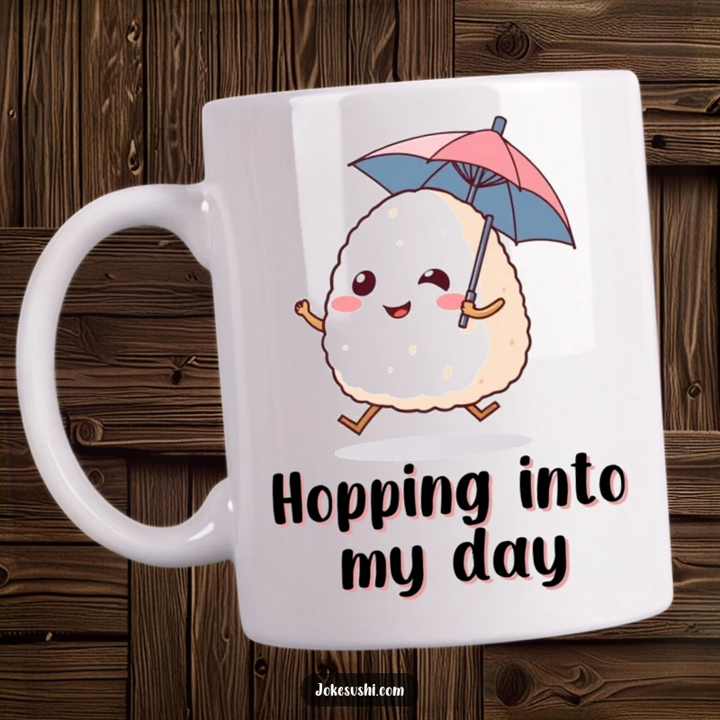 Funny mug showcasing a smiling onigiri rice ball character with legs joyfully hopping while holding a tiny umbrella, ready for fun.
