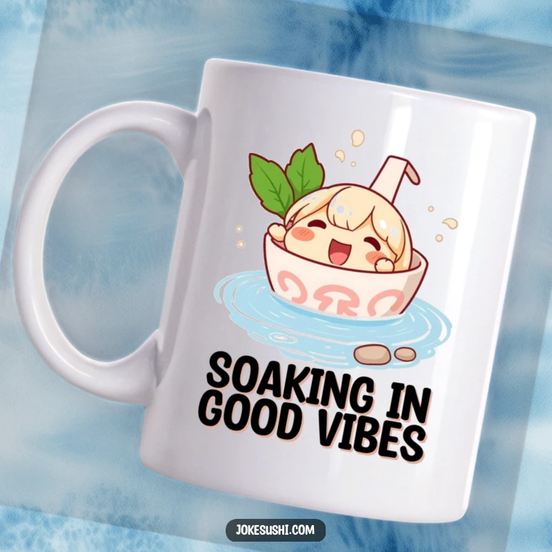 Funny mug featuring a delighted ramen bowl character joyfully splashing in a miniature, steaming hot spring.