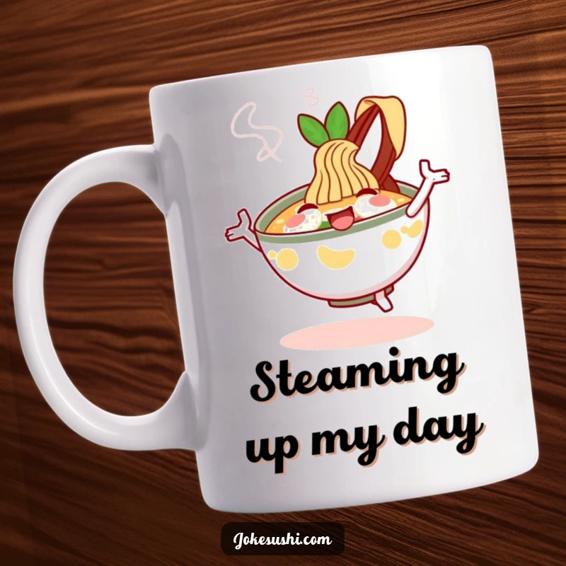 Funny Mug: A happy ramen bowl character dances joyfully with steam rising, a comforting and funny foodie gift.