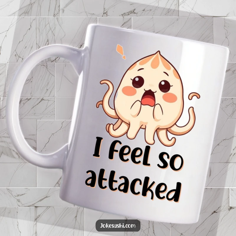 Funny surprised takoyaki character with its tentacles playfully tickled, looking shocked and amused on a mug.