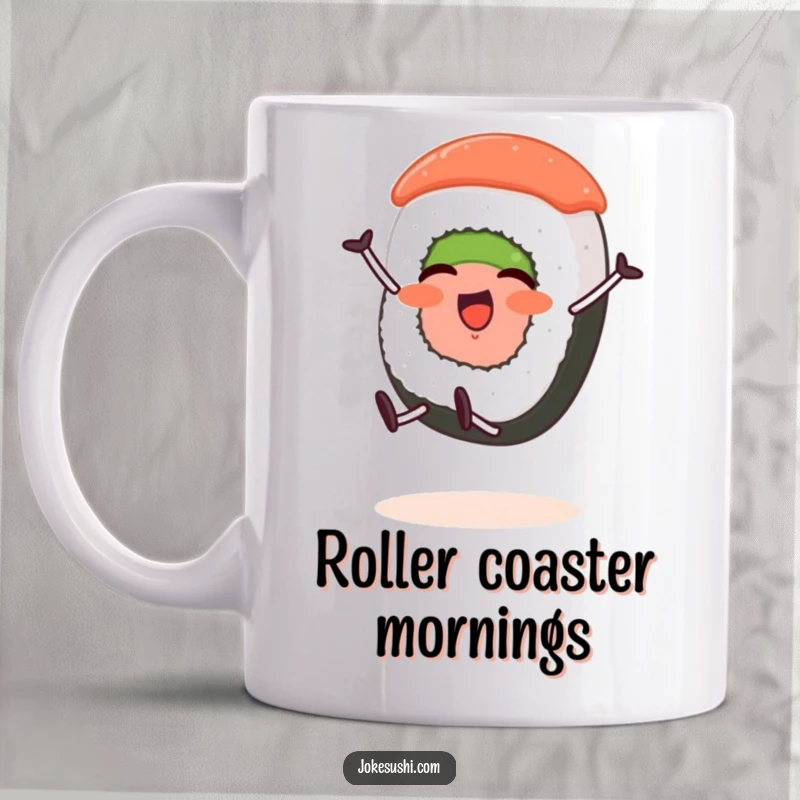 Funny mug with a sushi roll character with stubby legs joyfully performing a cartwheel with a huge smile.