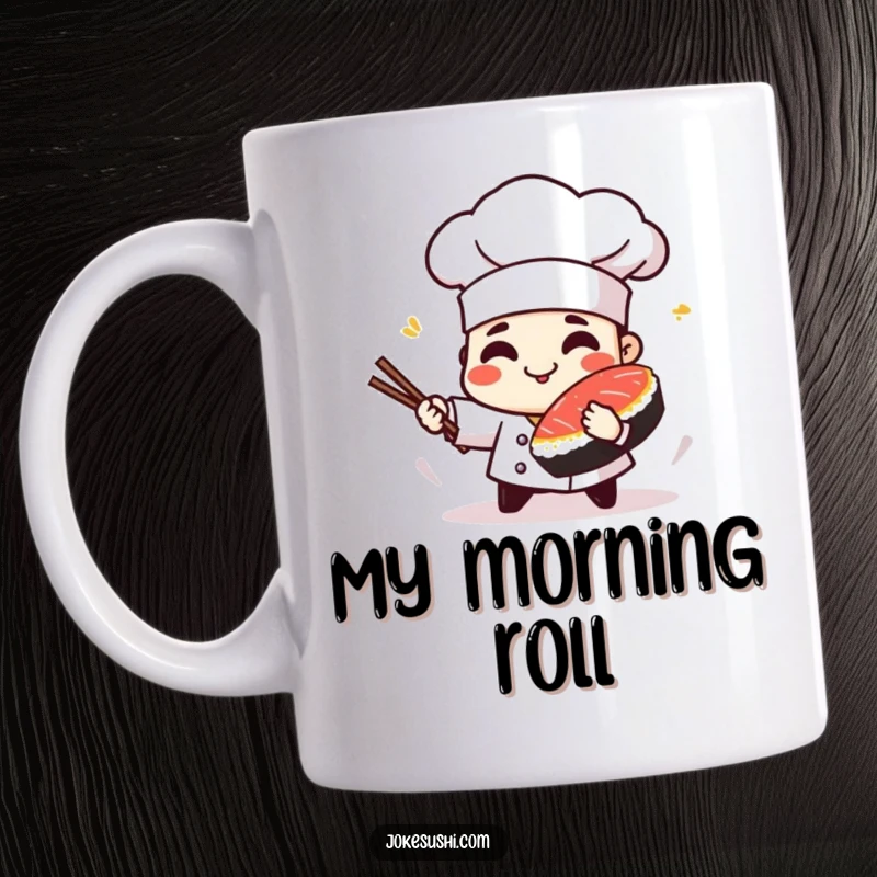 Funny mug featuring a playful sushi chef character spinning a piece of tuna with a grin.