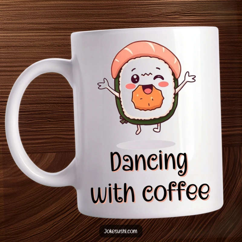 Funny sushi nigiri mug character doing a happy dance, radiating pure joy and delicious charm. A delightful and humorous drinkware.