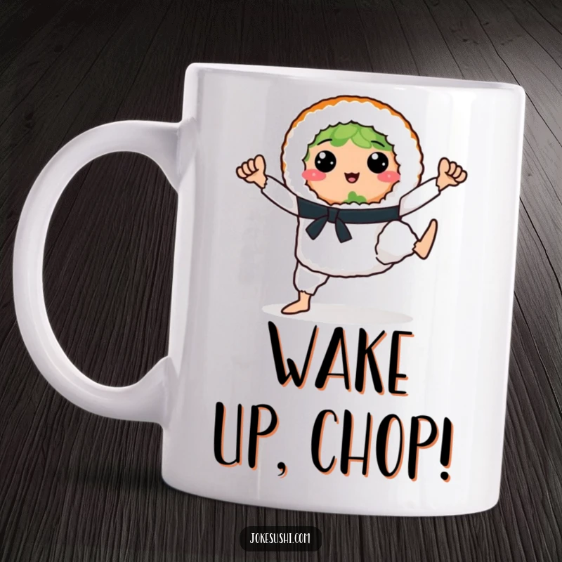 Funny sushi roll character with legs striking a karate pose on a mug, ready to defend your breakfast.