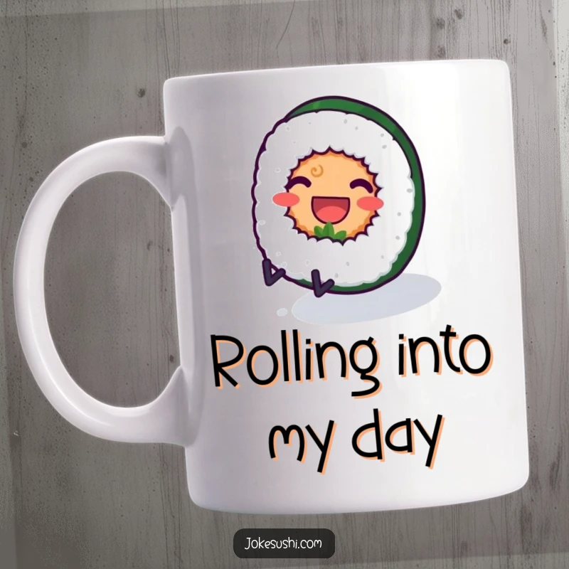 Funny mug featuring a smiling sushi roll character with tiny legs joyfully rolling downhill, embodying playful food humor.