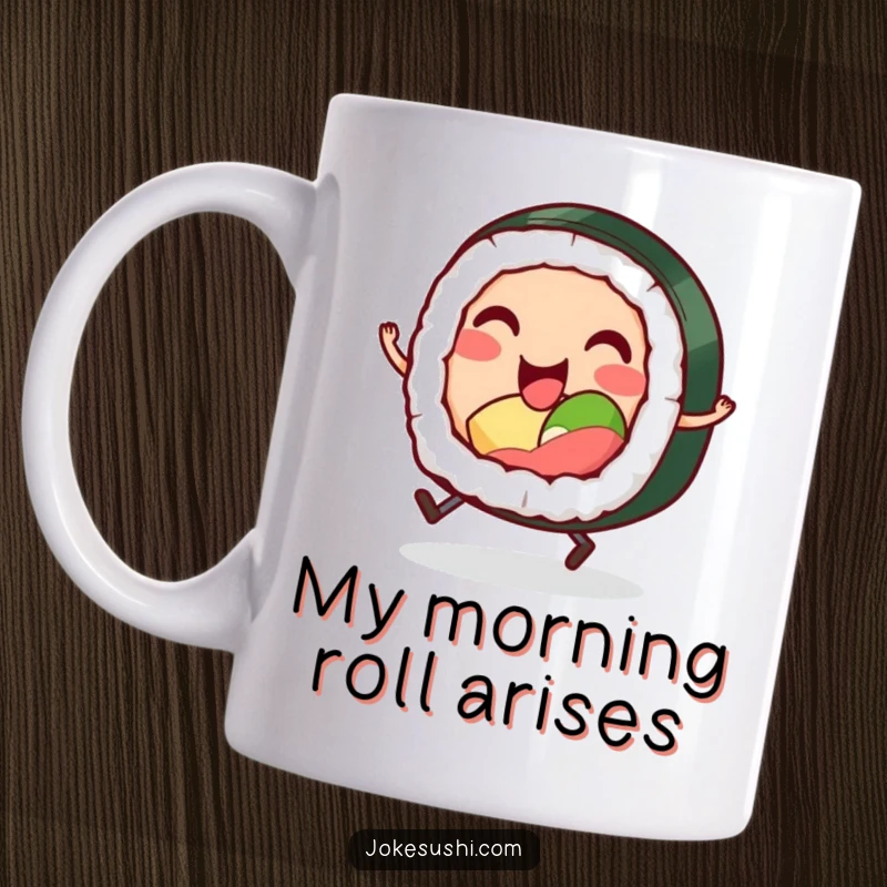 Funny mug with a smiling sushi roll character with tiny legs, hopping excitedly, radiating pure foodie joy.