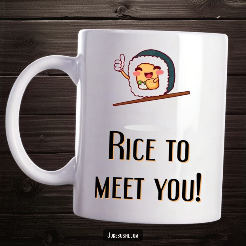 Funny Sushi Roll Mug: Happy character giving thumbs up, balancing expertly on chopsticks, bringing laughter.