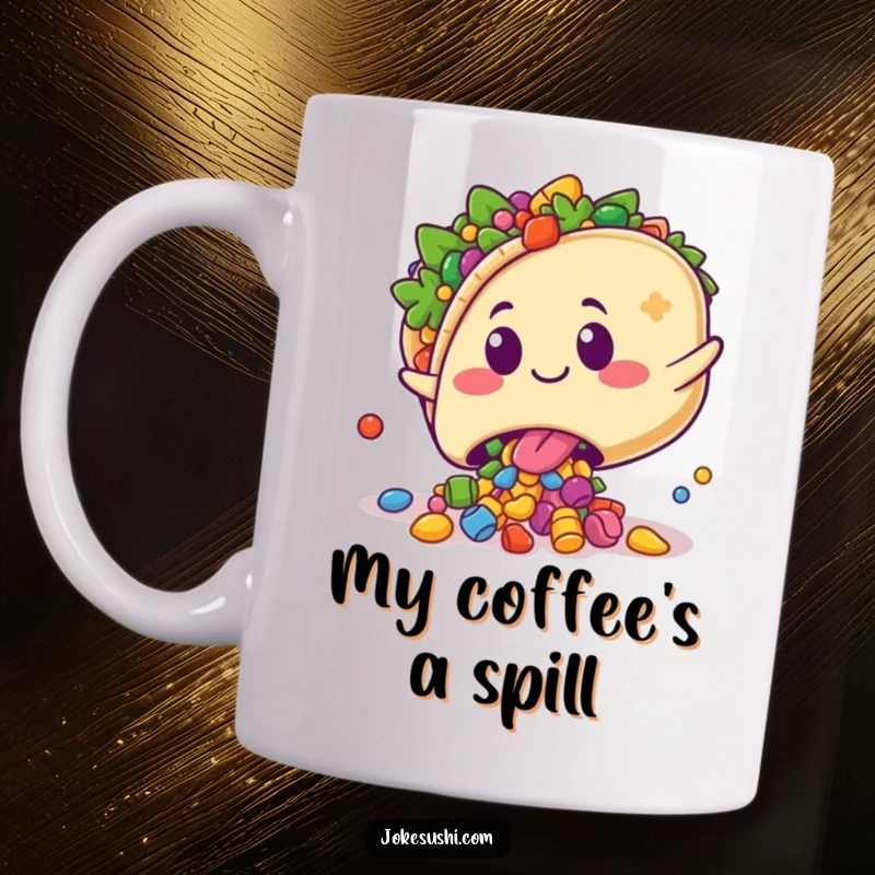 Funny mug featuring a kawaii taco character playfully tripping, spilling colorful fillings with a surprised yet happy grin, perfect for foodies.