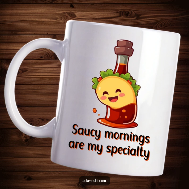 Funny mug showing a joyful taco character with a big smile, sliding down a soy sauce bottle in a playful food adventure.