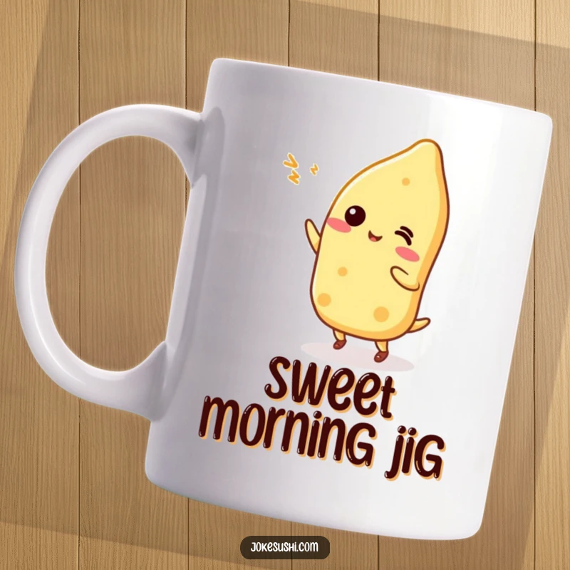 Funny Tamagoyaki character doing a silly, energetic dance on a mug, spreading breakfast joy.