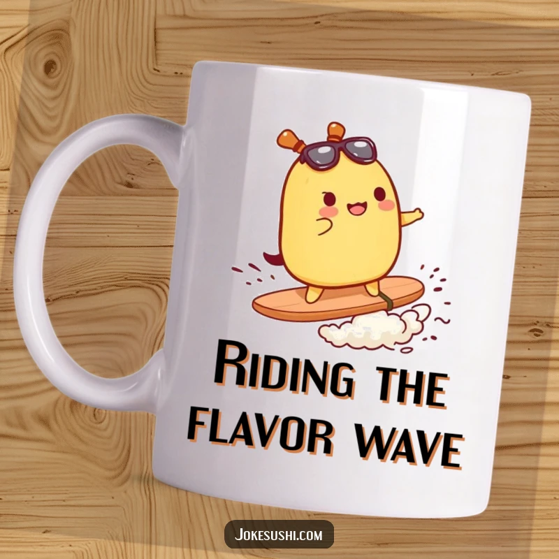 Funny mug featuring a tamagoyaki character skillfully surfing on a piece of nori, embodying food adventure.