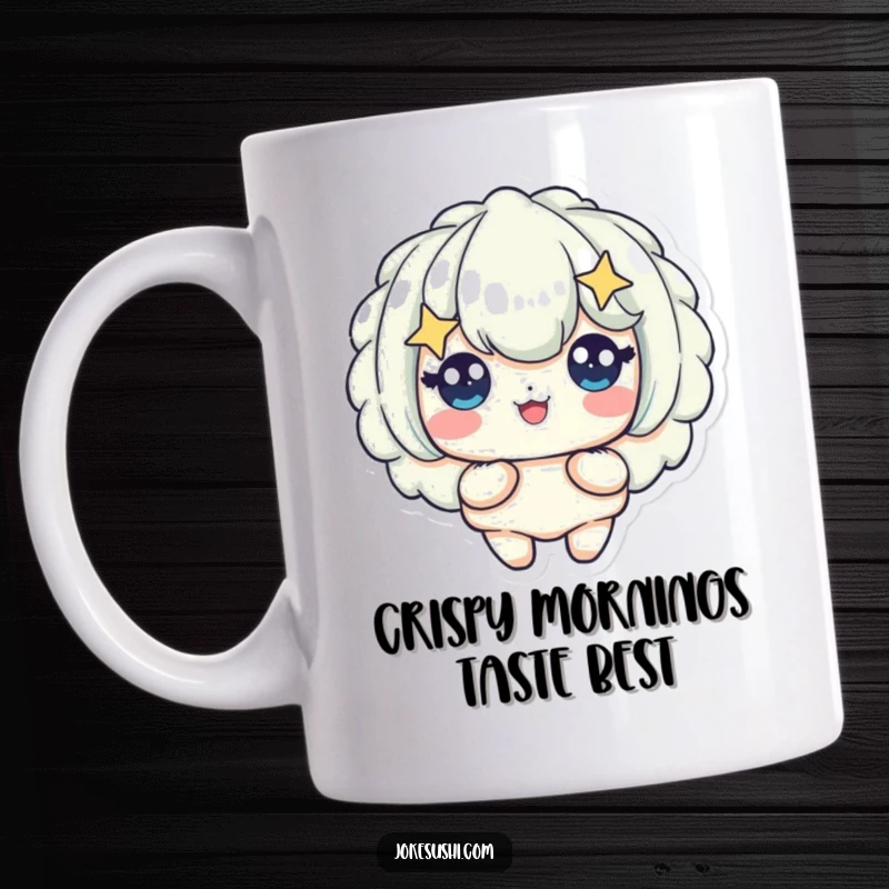 Funny mug of a cute, golden-brown tempura piece character with wide, sparkling starry eyes, looking utterly delighted and delicious.