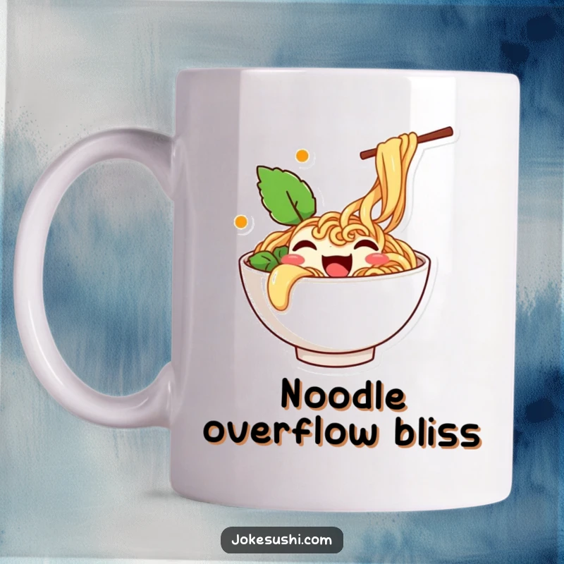 Funny mug with a happy ramen bowl character overflowing with noodles and wiggling with excitement.
