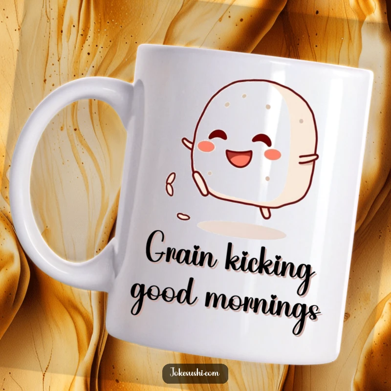 Funny mug featuring a grinning onigiri character playfully kicking a small rice grain, celebrating Japanese food humor.