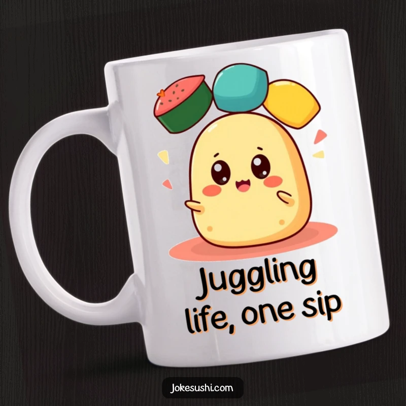 Funny Tamagoyaki Mug: A cheerful, wide-eyed tamagoyaki happily juggles three colorful roe, showcasing culinary skill and humor.