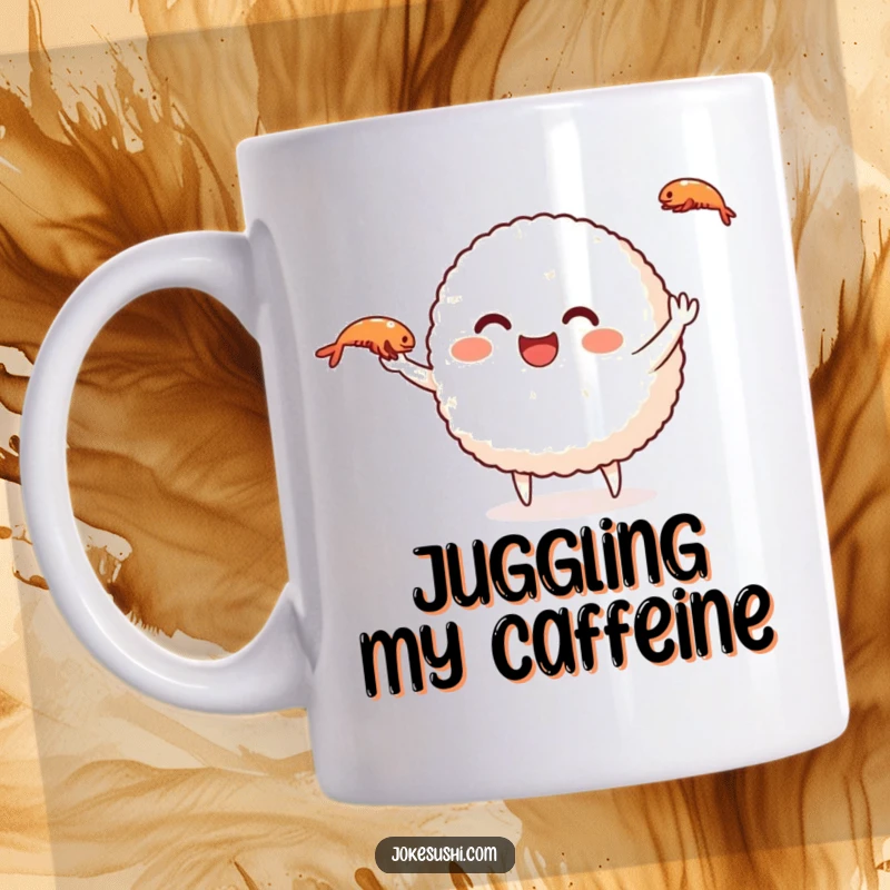 Funny rice ball mug showing a smiling character expertly juggling small shrimp, a humorous gift for food lovers.