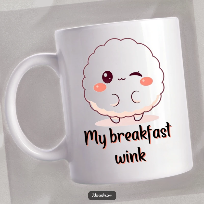 Funny mug with a fluffy rice ball character winking playfully at the viewer, radiating cute and mischievous energy.