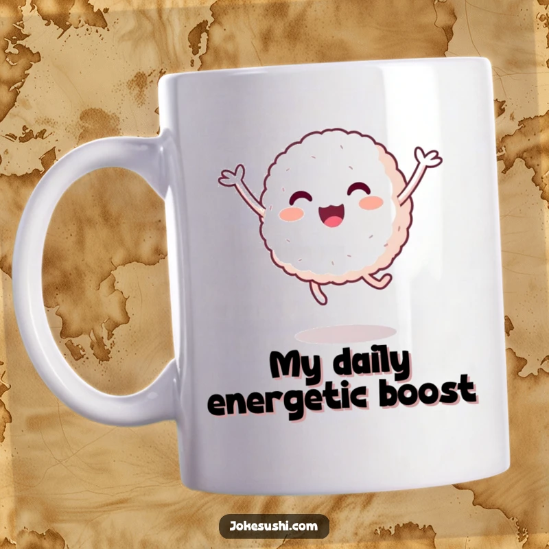 Funny Rice Ball Mug: A happy, smiling rice ball with short arms joyfully leaps into the air, full of playful energy.