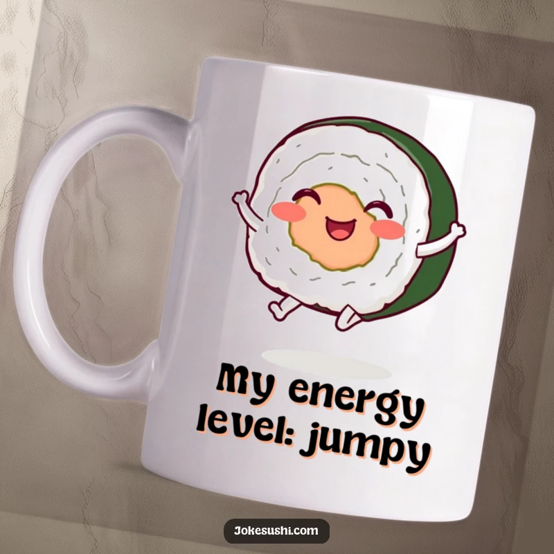 Funny sushi roll mug with legs joyfully jumping, spreading happiness and laughter with its playful energy.