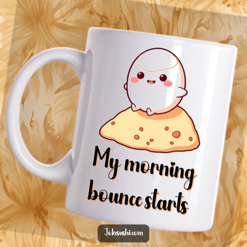 Funny mug depicting a round, bouncy mochi character joyfully rolling down a small hill, radiating pure fun and delightful energy.