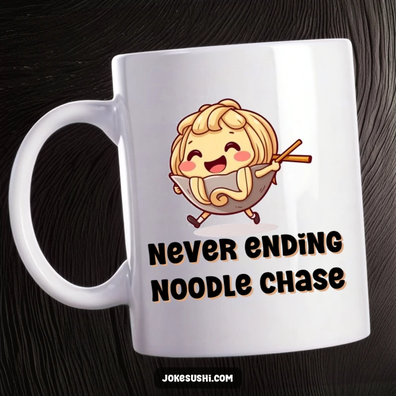 Funny Mug depicting a smiling ramen noodle character in a playful chase after a fleeing chopstick, a foodie delight.