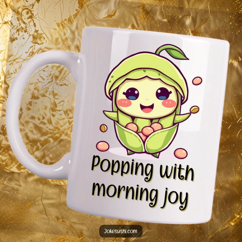 Funny mug of a happy, smiling edamame pod character with its beans playfully popping out, radiating joy and freshness.