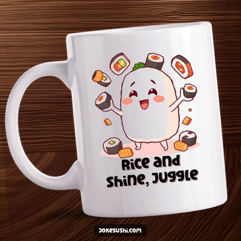 Funny mug of a cheerful onigiri character energetically juggling various sushi pieces, showing off its impressive dexterity and love for seafood.
