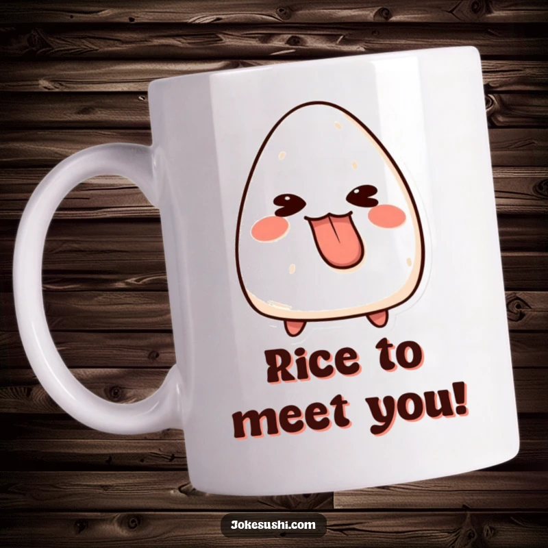Funny onigiri mug with a mischievous character sticking its tongue out playfully, showcasing its ricey charm and quirky personality.