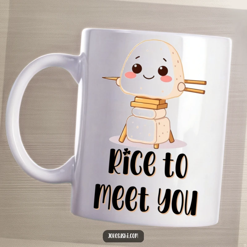 Funny mug with a grinning onigiri character precariously balancing on a tall tower of chopsticks, showcasing a comical food adventure.
