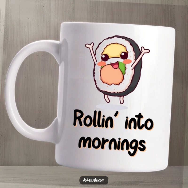 Funny Mug: A happy sushi roll character with arms and legs performing a cheerful somersault, a fun foodie funny gift.