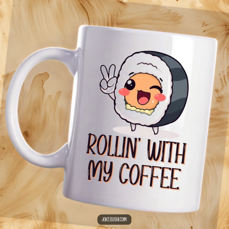 Funny sushi roll character giving a peace sign, smiling cheekily on a coffee mug, perfect for a humorous gift.