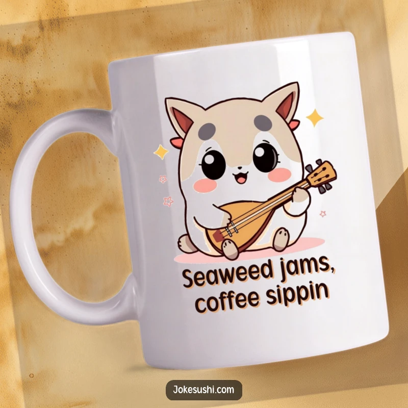 Funny nori seaweed character with big eyes enthusiastically playing a shamisen, a humorous and musical design for coffee lovers.