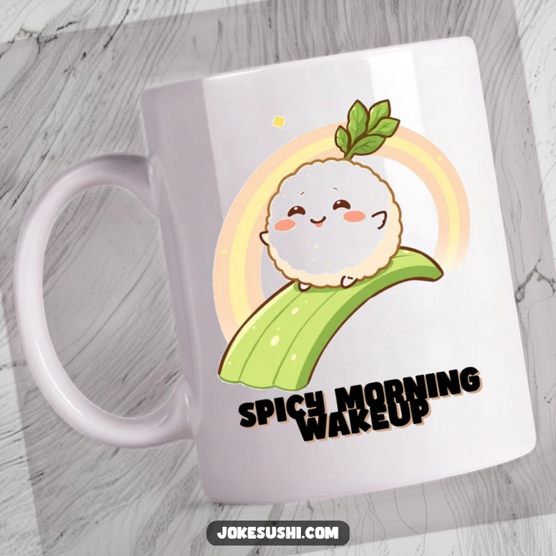 Funny mug with a smiling rice ball character joyfully sliding down a vibrant rainbow made entirely of zesty wasabi.