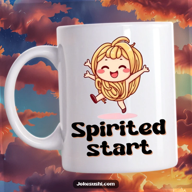 Funny mug featuring a smiling udon noodle character joyfully performing a cartwheel, celebrating deliciousness and movement.