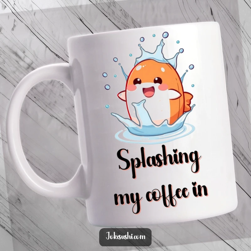 Funny salmon nigiri mug showing a delighted character splashing joyfully in a water drop, a humorous foodie gift.