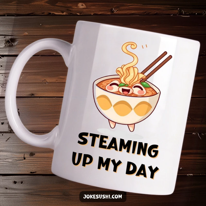 Funny mug depicting a cheerful ramen bowl character with a happy face, playfully puffing out steam, radiating warmth and joy.
