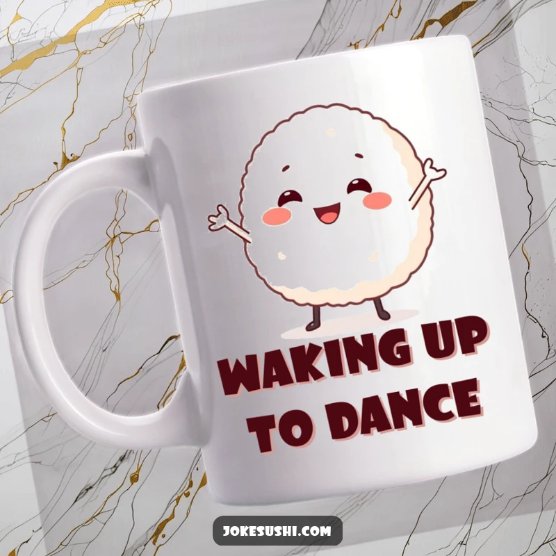 Funny mug with a smiling rice ball character, arms akimbo, performing a joyful and silly dance, radiating pure happiness.