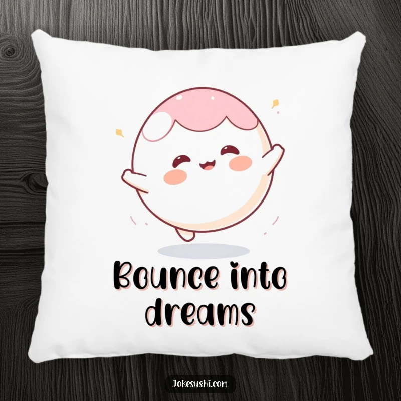 Funny mochi pillow with a happy character bouncing enthusiastically like a ball, providing comfort and a playful vibe.