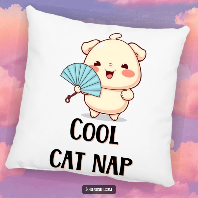 Funny decorative pillow featuring a wiggling dumpling character cheerfully offering a tiny fan, offering comfort and cute food art.