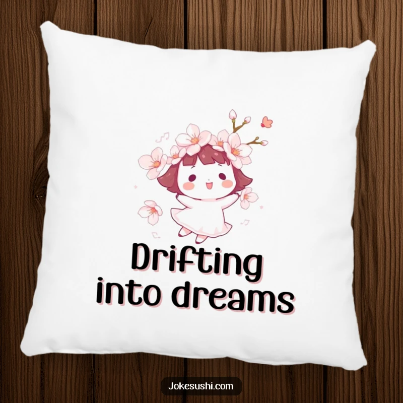 Funny cherry blossom pillow featuring a character happily floating on a gentle breeze, providing soft comfort and a serene, humorous visual.