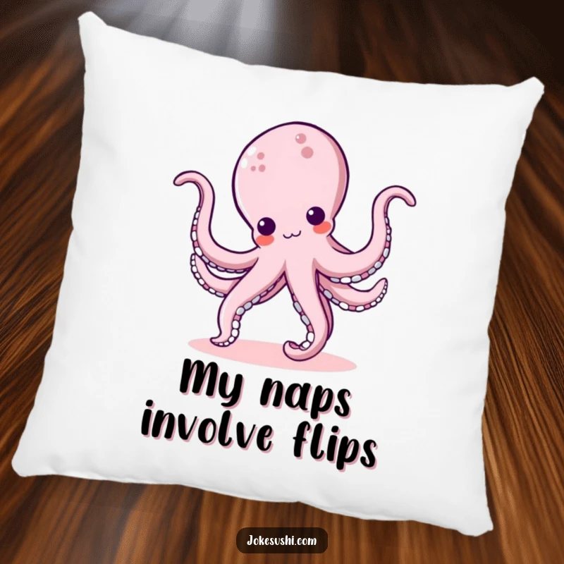Funny kawaii octopus character doing a cartwheel with bouncy tentacles, a soft and amusing pillow for maximum comfort and laughs.